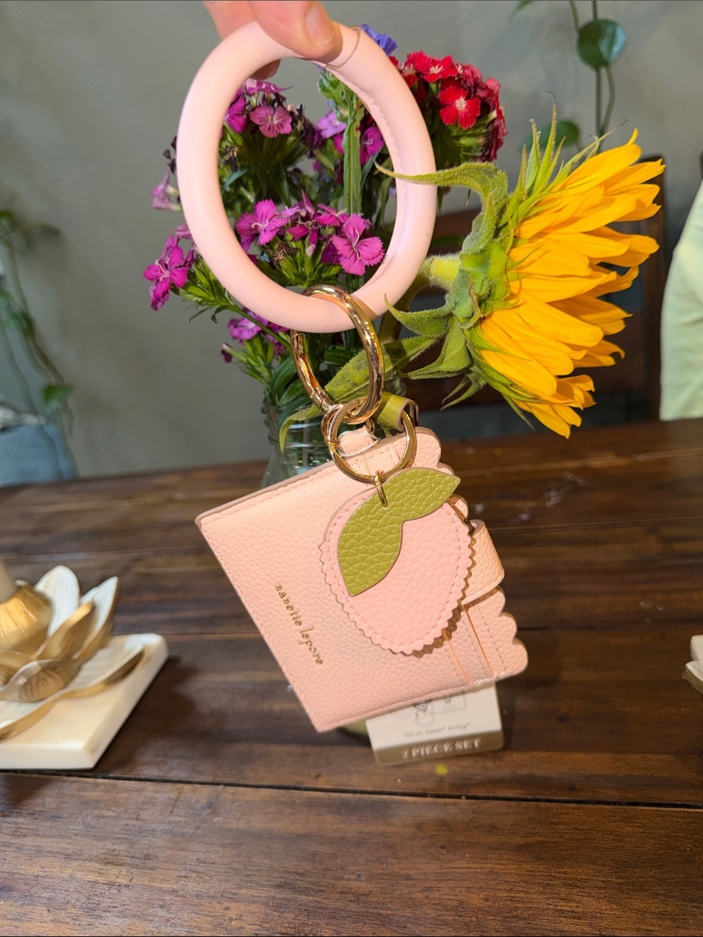 Nanette Lepore Blush Pink Scalloped ID Cardholder with Green Wristlet Accent